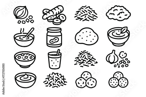 Food Prep Icons. Food prep icons in outline style: chopped onions, sliced carrots, shredded cheese, ground meat, pureed soup, nut butter, dough ball,