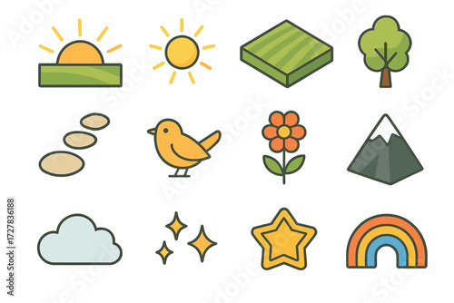 Isometric Sunrise Icons. Basic sunrise field set icons in modern isometric flat : sunrise horizon, sun rays, grass field, tree, path stones, bird,