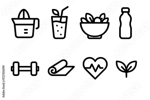 Health Icons Set. Healthy living icons in outline style: juicer, smoothie glass, salad bowl, water bottle, dumbbell, yoga mat, heartbeat, leaf sprout