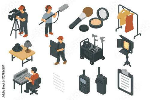 Film Crew Icons. Crew at work set icons in modern isometric flat : cameraman, boom mic operator, makeup brush, costume hanger, prop table, stagehand,