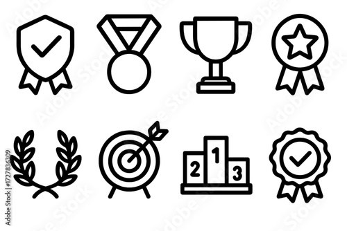Achievement Icons Set. Achievement set icons in outline style: trust badge, medal, trophy, star badge, laurel wreath, target dart, podium, approval
