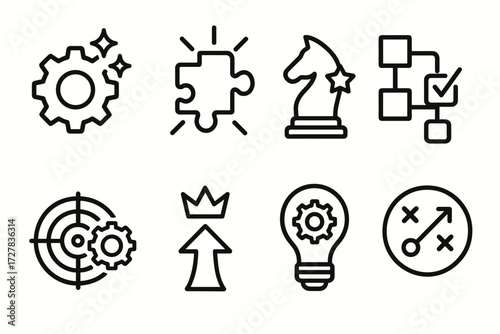Symbolic Icons Collection. Symbols icons in outline style: gear with sparkles, puzzle with rays, chess piece with star, flowchart with checkmark,