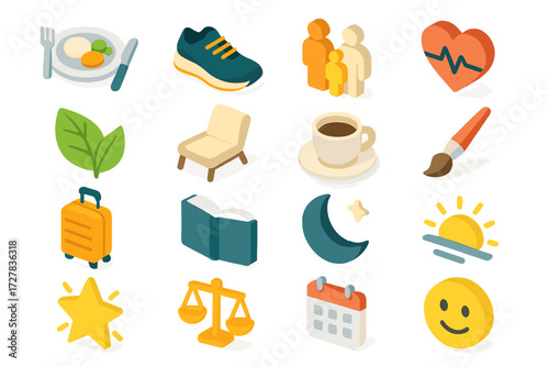 Life Balance Icons. Life balance set icons in modern isometric flat : meal plate, exercise shoe, family icon, wellness heart, nature leaf, relaxation