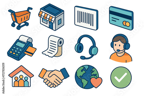Customer Journey Icons. Customer journey map set icons in modern isometric flat : shopping cart, store building, barcode, credit card, debit swipe,