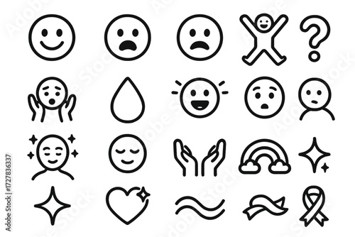 Emotional Icon Set. Emotional range icons in outline style: happy surprise face, sad surprise face, nervous surprise face, excited jump, fearful
