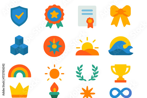 Award Icons Collection. Themes of quality in modern flat vector : shield check, trust badge, certificate, ribbon award, strong foundation, guiding
