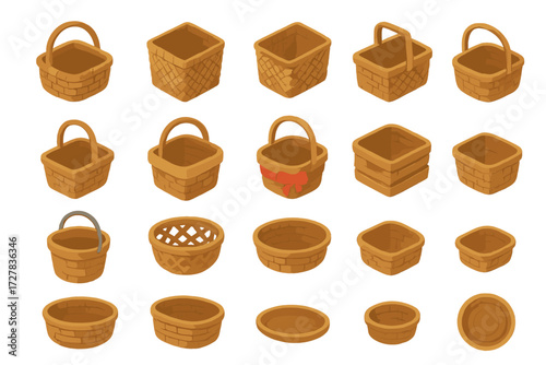Basket Icon Set. Basket basics set icons in modern isometric flat : wicker basket, woven basket, rustic basket, picnic basket, market basket, basket