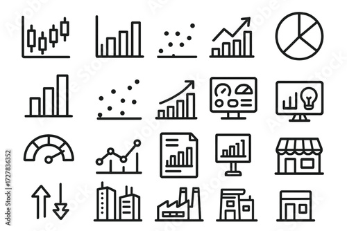 Market Icons Collection. Market context icons in outline style: stock chart, bar chart, line graph, pie chart, stacked bars, scatter plot, growth