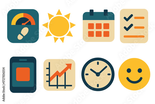 Activity Icons. Daily activity set of icons in abstract flat : pedometer, sun, calendar, checklist, smartphone app, rising graph, clock, smile face.