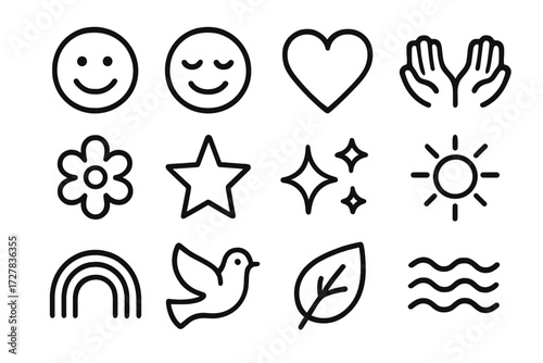 Joyful Icons Collection. Basic quiet joy icons in outline style: smiling face, closed eyes smile, heart symbol, open hands, flower, star emblem,