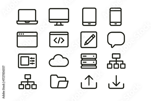 Digital Editing Icons. Digital editing icons in outline style: laptop, desktop screen, tablet, mobile phone, browser window, code editor, annotation