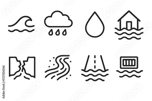 Flood Symbols Collection. Objects icons in outline style: water wave, rain cloud, droplet, flooded house, broken dam, rushing river, road under water