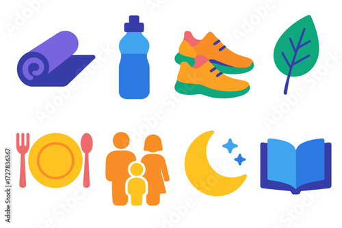 Wellness Icon Set. Work-life balance in modern flat vector : yoga mat, water bottle, walking shoes, nature leaf, dinner plate, family silhouette,