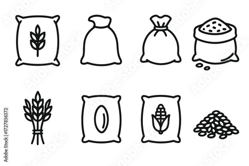 Assorted Grain Sacks. Objects icons in outline style: grain sack, burlap bag, tied sack, open sack with grains, wheat bundle, rice sack, corn sack,