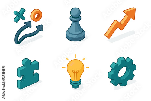 Isometric Strategy Icons. Strategy icons set icons in modern isometric flat : next move, chess piece, arrow path, puzzle piece, lightbulb, gear