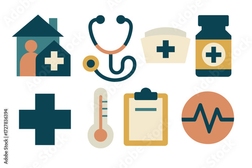 Abstract Healthcare Icons. Healthcare support set of icons in abstract flat : home visit, stethoscope, nurse cap, pill bottle, medical cross,