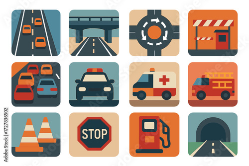 Traffic Icons. Traffic heavy street set of icons in abstract flat : highway lanes, overpass bridge, roundabout, toll gate, traffic jam, police car,