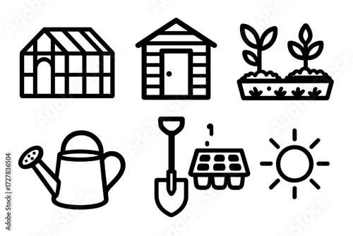Garden Essentials Icons. Objects icons in outline style: glass greenhouse, small garden shed, potted plants, flower bed, watering can, shovel, seed