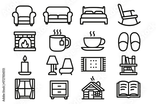 Cozy Home Icons. Comfort setting icons in outline style: armchair, sofa, bed, rocking chair, fireplace, hot cocoa mug, tea cup, slippers, candle,
