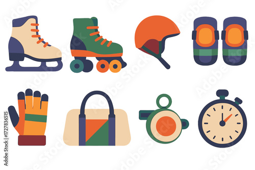 Sport Icons. Sport gear set of icons in abstract flat : ice skates, roller skates, helmet, knee pads, gloves, sports bag, whistle, stopwatch.