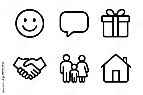 Icons of Everyday Joy. Everyday happiness icons in outline style: smiling face, chat bubble, gift box, handshake, family icon, home