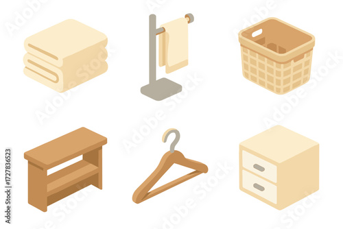 Stylish Storage Icons. Neat storage set icons in modern isometric flat : folded towels, towel rack, basket, shelf, hanger, drawer