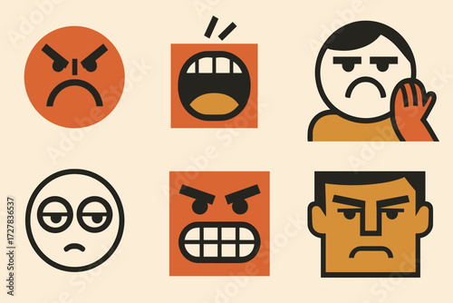 Abstract Expression Icons. Expressions set of icons in abstract flat : angry face, shouting mouth, frowning face, frustrated gesture, rolling eyes,
