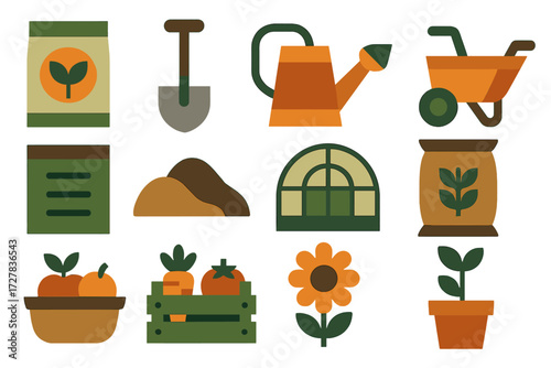 Sustainable Farm Icons. Crop sustainable farm set of icons in abstract flat : seed packet, shovel, watering can, wheelbarrow, compost bin, soil mound