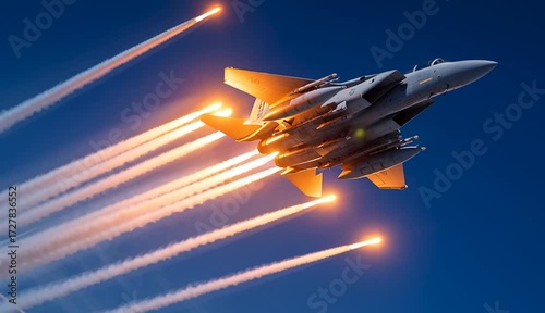 Military fighter jet firing air-to-air missiles with bright orange exhaust trails against blue sky, modern combat aircraft launching guided missiles
