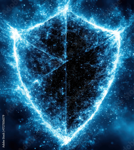 Futuristic Digital Shield Glowing Blue Cybersecurity Protection Concept, Abstract Technology Sparkle Aura, Data Security Background