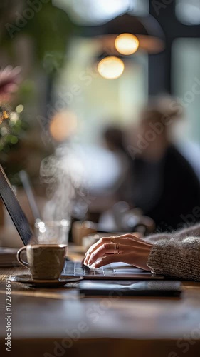 Woman working on laptop in cafe