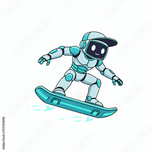 Futuristic robot character snowboarding with futuristic board vector illustration
