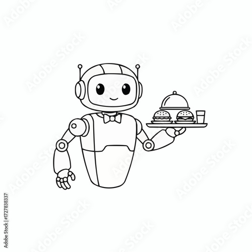 Cute robot waiter delivering burgers vector illustration for food service concepts
