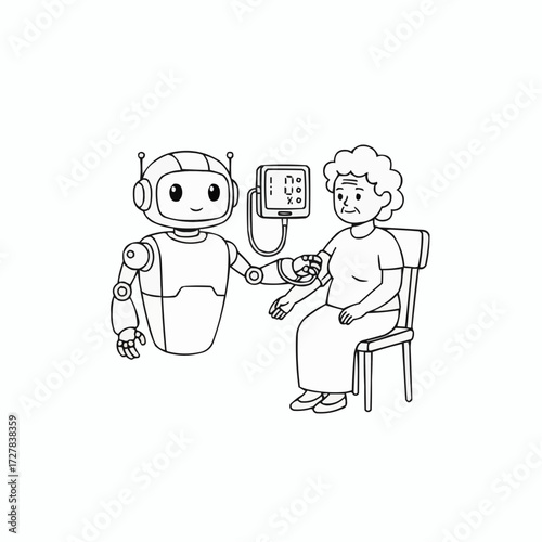 Robot assistant helping elderly person monitor health with medical device