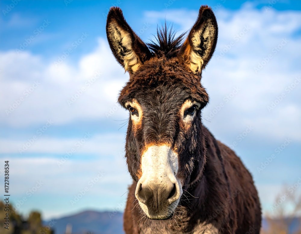 Fototapeta premium Close-up of a donkey's face against a partly cloudy sky