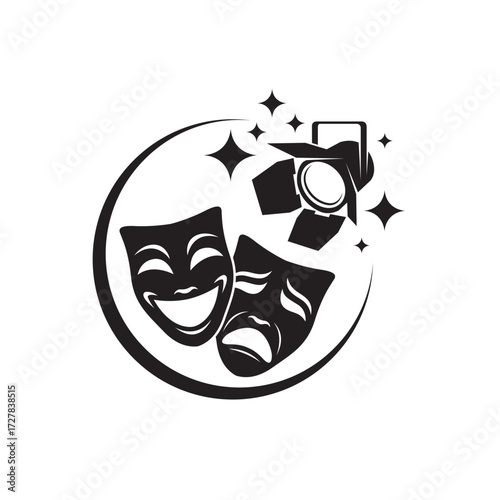 icon of comedy and tragedy theatrical masks with spotlight isolated on white background