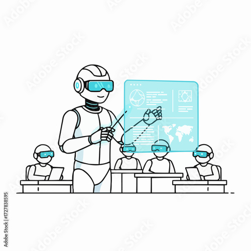 Robot teacher leading virtual reality class with students in vr headsets educational concept
