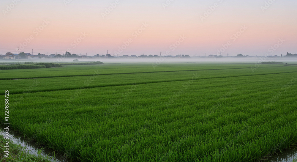 Obraz premium Green rice paddies reflecting morning sky