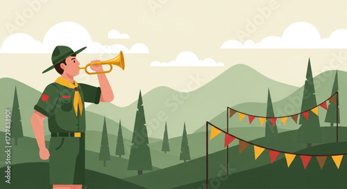 World Scout Day Cheerful young scout boy plays a bugle outdoors, surrounded by beautiful green landscapes, pine trees, and festive bunting, symbolizing an exciting camp or gathering
