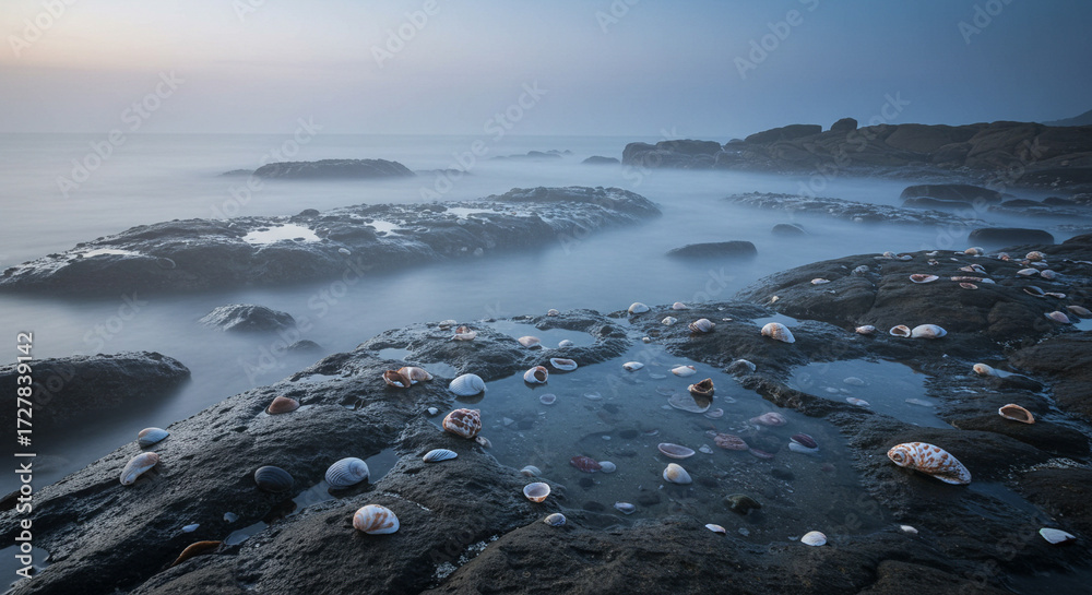 Fototapeta premium Rocky shoreline with tide pools and shells