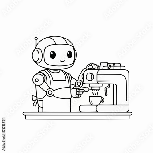 Cute robot barista making coffee with espresso machine vector illustration