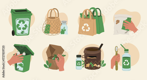Eco-friendly recycling and sustainability icons set, including reusable bags, compost bin, and eco-friendly toothbrush for a greener planet