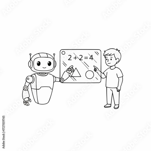 Robot teacher educates boy on math and geometry in simple vector illustration