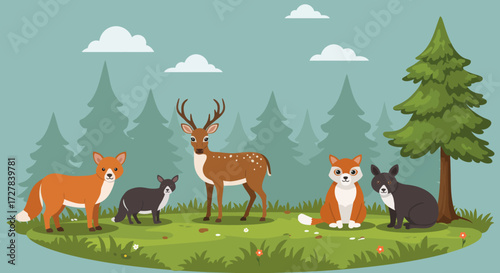 Forest animals in a clearing with trees and grass, EPS vector illustration