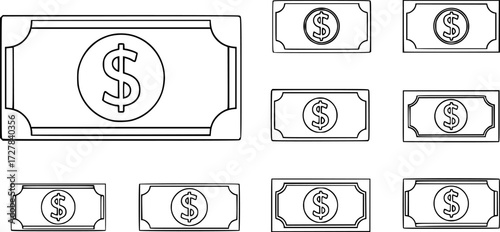 Set of dollar bill outline vector icons