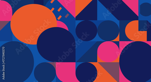 Colorful Geometric Abstract Background with Circles and Triangles in Blue, Pink, and Orange Hues