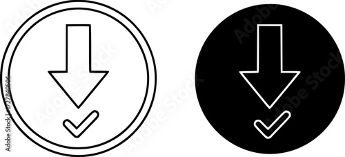 Set of download complete icon with arrow and checkmark outline vector icons