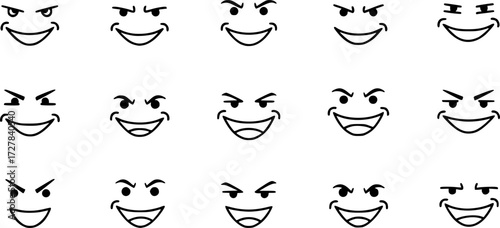 Set of mischievous smirking face outline vector icons