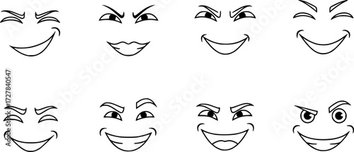 Set of mischievous smirking face outline vector icons