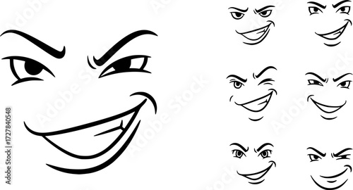 Set of mischievous smirking face outline vector icons